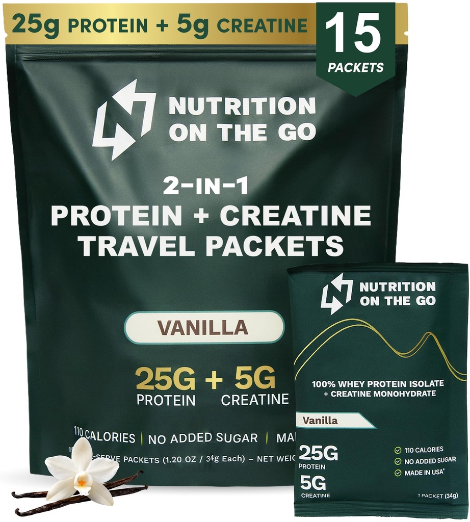 Go Whey蛋白质隔热包装上的营养 – 25g蛋白质+ 5g Creatine – 单服务旅行蛋白粉 – 香草(15-Pack)