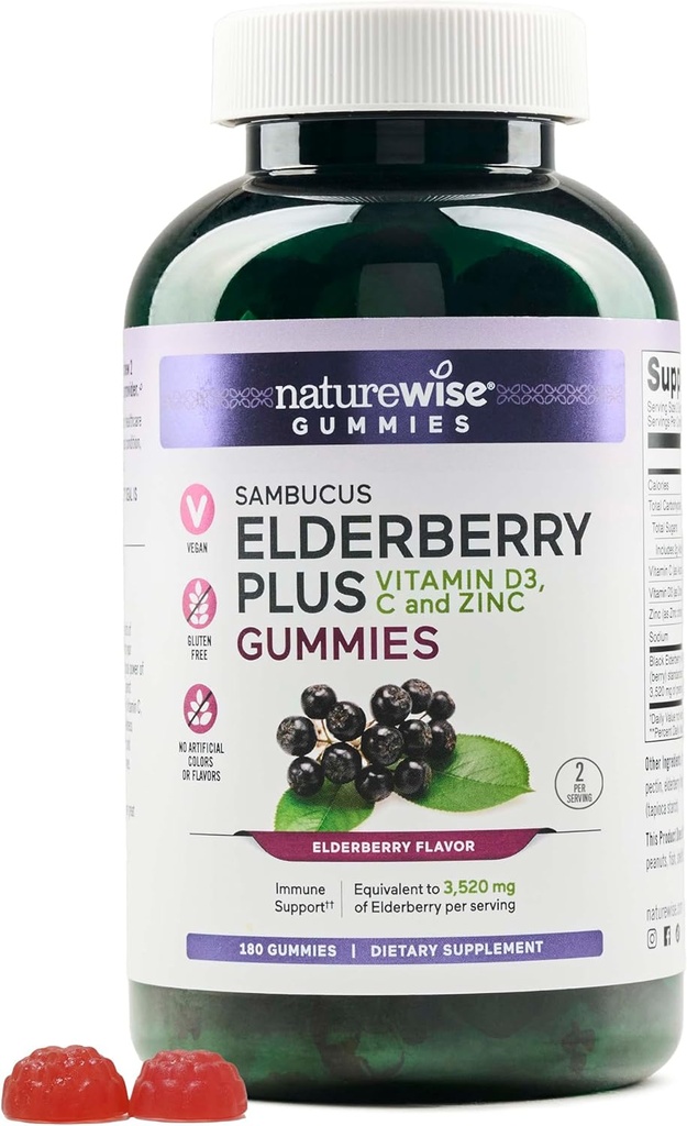 NatureWise Sambucus 老年莓Gummys -- -- 4岁以上和有维生素C、D3、锌 -- -- 老年莓等效于3520mg -- -- Vegan、Non-GMO -- -- 180计数[90-日供应]的成人免疫支助补助