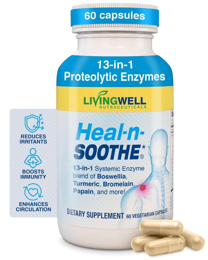 HEAL-N-SOOTHE 联合支持补编 - Bromelain & Papain等蛋白质酶,配有Boswellia,Turmeric & Ginger - 推广蛋白质消化功能和身体防御井 - 60 Counter (1 Pack)