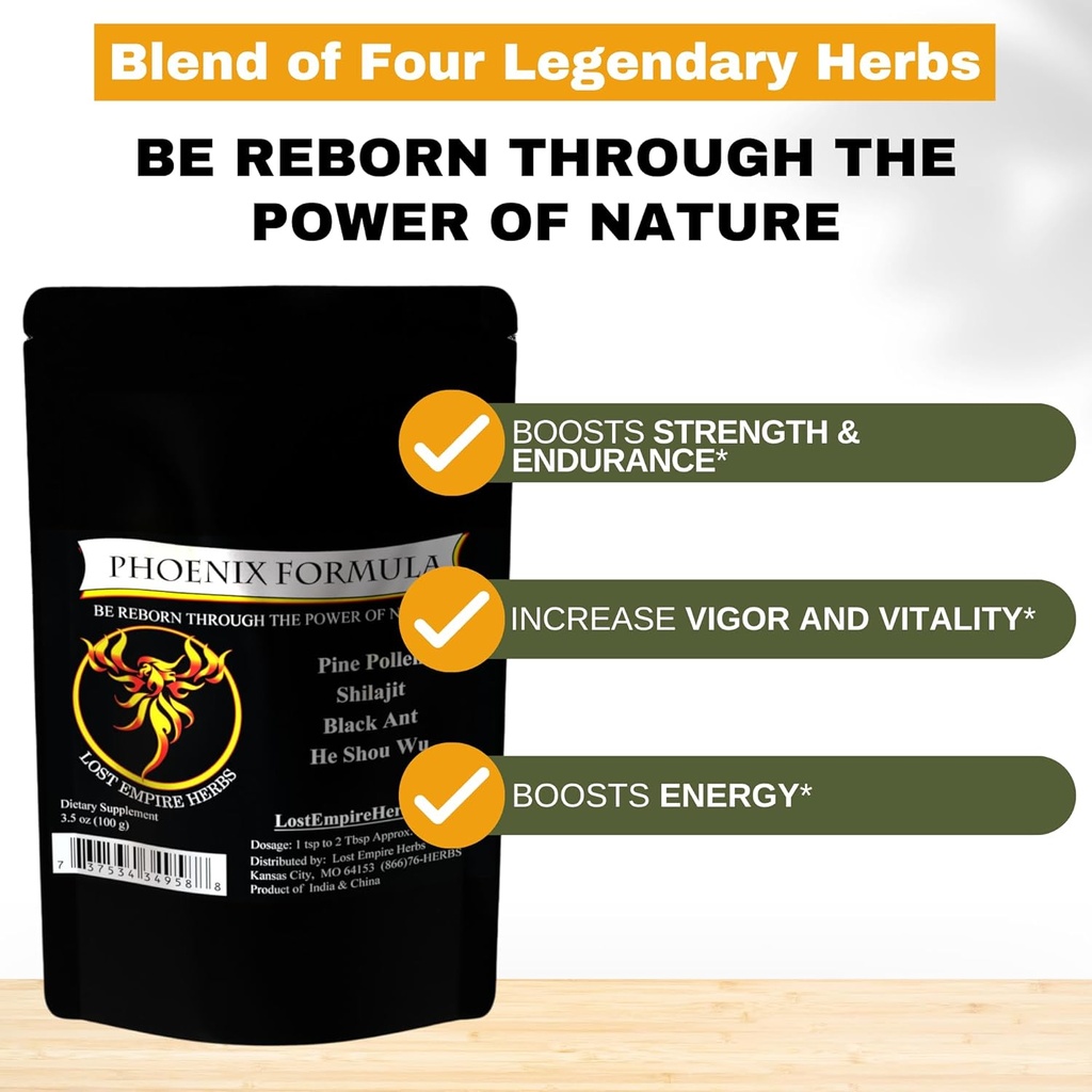 Phoenix Rejuvenation Formula - Lost Empire Herbs Energy Blend 4 Top Natural Health Herbs Pine Pollen, He Shou Wu, Ant, and Shilajit (100g Powder) 凤凰复兴公式 - 失落的帝国 赫布斯 能源混合 4 顶级自然健康 赫布斯 Pine Pollen,贺寿武,蚂蚁,和希拉吉特 (100g粉)