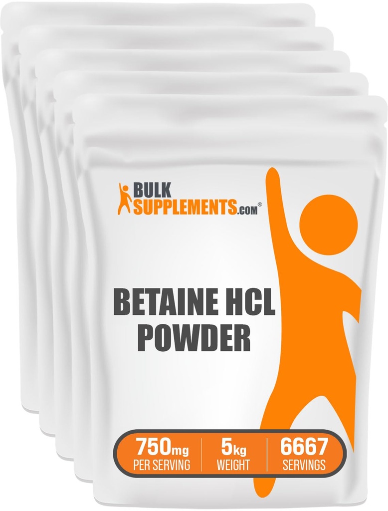 Bulk Assupports.com Betaine HCl 粉末 - Betaine Hydropheride Supplement, Betaine 粉末 - Betaine 750mg,消化健康支持 - Gluten Free,每服750mg,5kg(11磅)