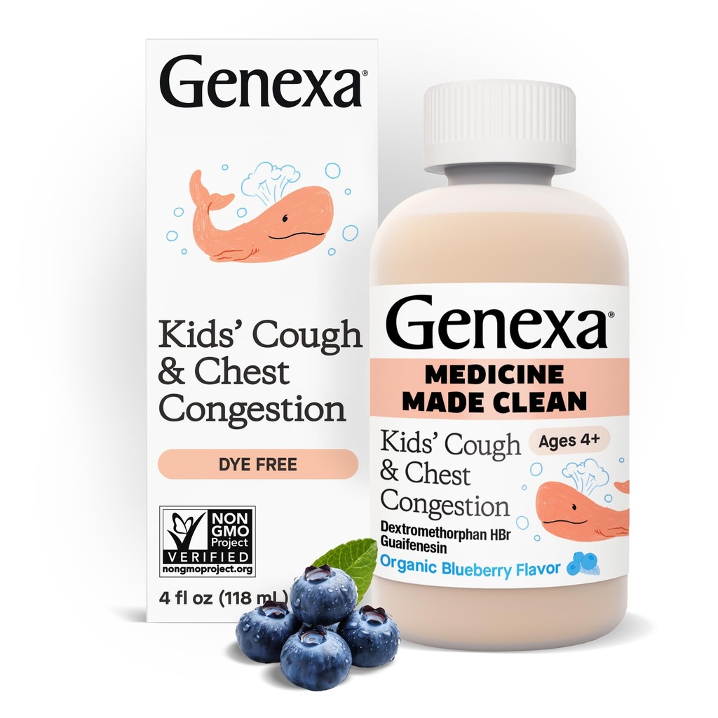 Genexa 儿童清洁咳嗽和胸腔摄入医学,Dye 免费,0 % 人工添加剂, 4-11 儿童多症状咳嗽糖浆, Cough 抑制剂和期待剂, 有机蓝莓火焰, 4 fl oz