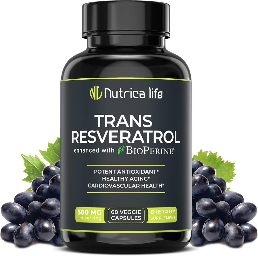 Trans Resveratrol 补充500mg Potent 抗衰老公式, 用于心脏和细胞健康的强抗氧化剂, Bioperine 的脑促进剂补充剂, 60 Vegan Caps
