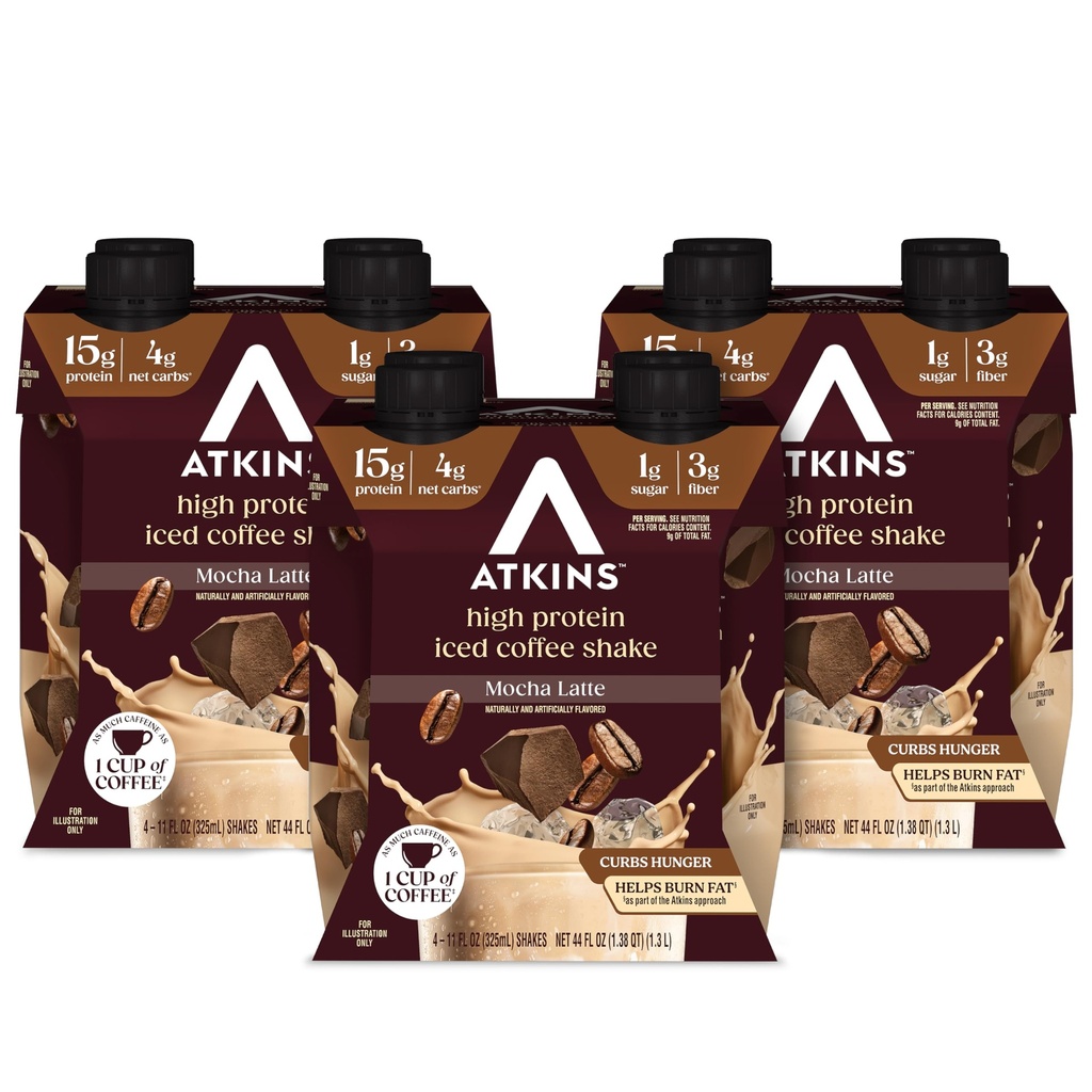 Atkins Mocha Latte Iced Coffee Flavored 蛋白质摇晃 高蛋白质 低甘油 低卡布和低糖摇晃 Keto-Friendly, 12 Pack