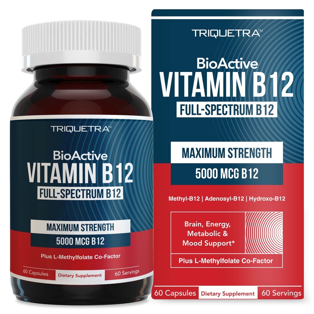 生物活性维生素B12 - 5000 mcg,含有3种生物活性形式B12 + 甲基folate聚合物 - 甲基B12, Adenosyl B12和Hydroxy B12 → 支持能源,代谢和Mood & | Vegan,非GMO(60 services)