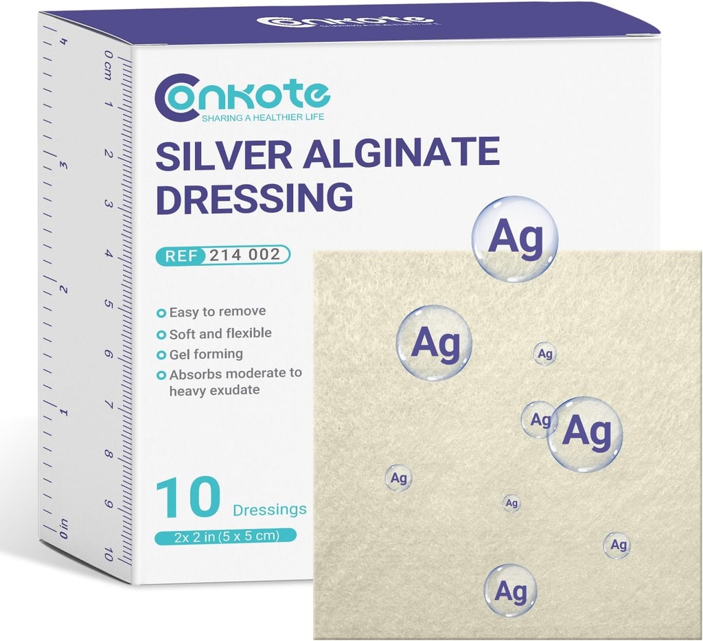 Conkote 银 Algnate 伤痕穿甲板 2“×2”,10 Pack,非硬性垫甲补丁,高吸附压力Ucer,Bed Sore和糖尿病脚Ucer
