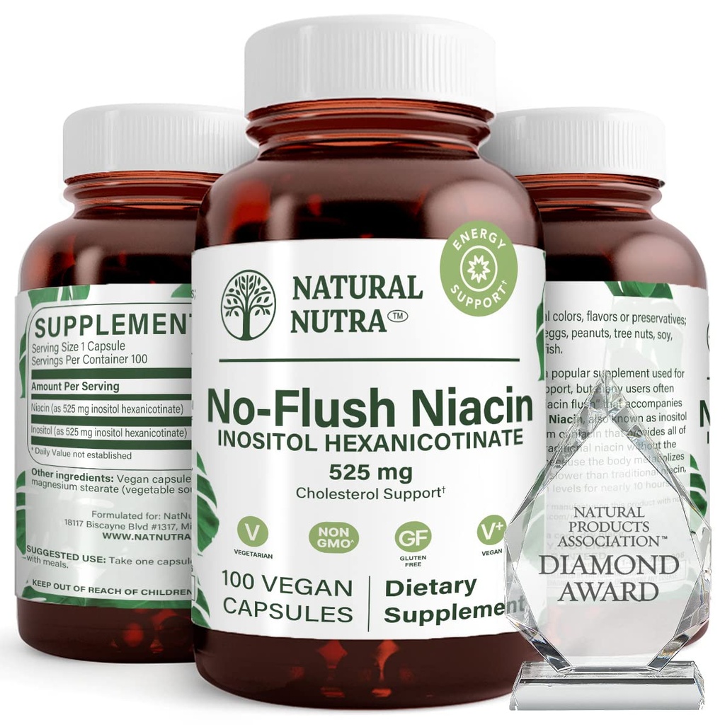Natural Nutra No Flush Niacin,维生素B3 补充,帮助改善心血管健康,帮助改善皮肤纹理,促进更好的脑功能,帮助促进525 mg,100 capsules