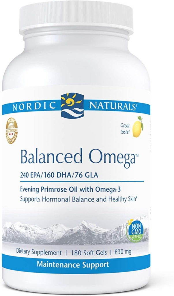 北欧自然促进平衡Omega -- -- 鱼油和晚间Primrose Oil,240毫克环保局,160毫克DHA,76毫克GLA,支持激素平衡和健康皮肤*,180软宝石