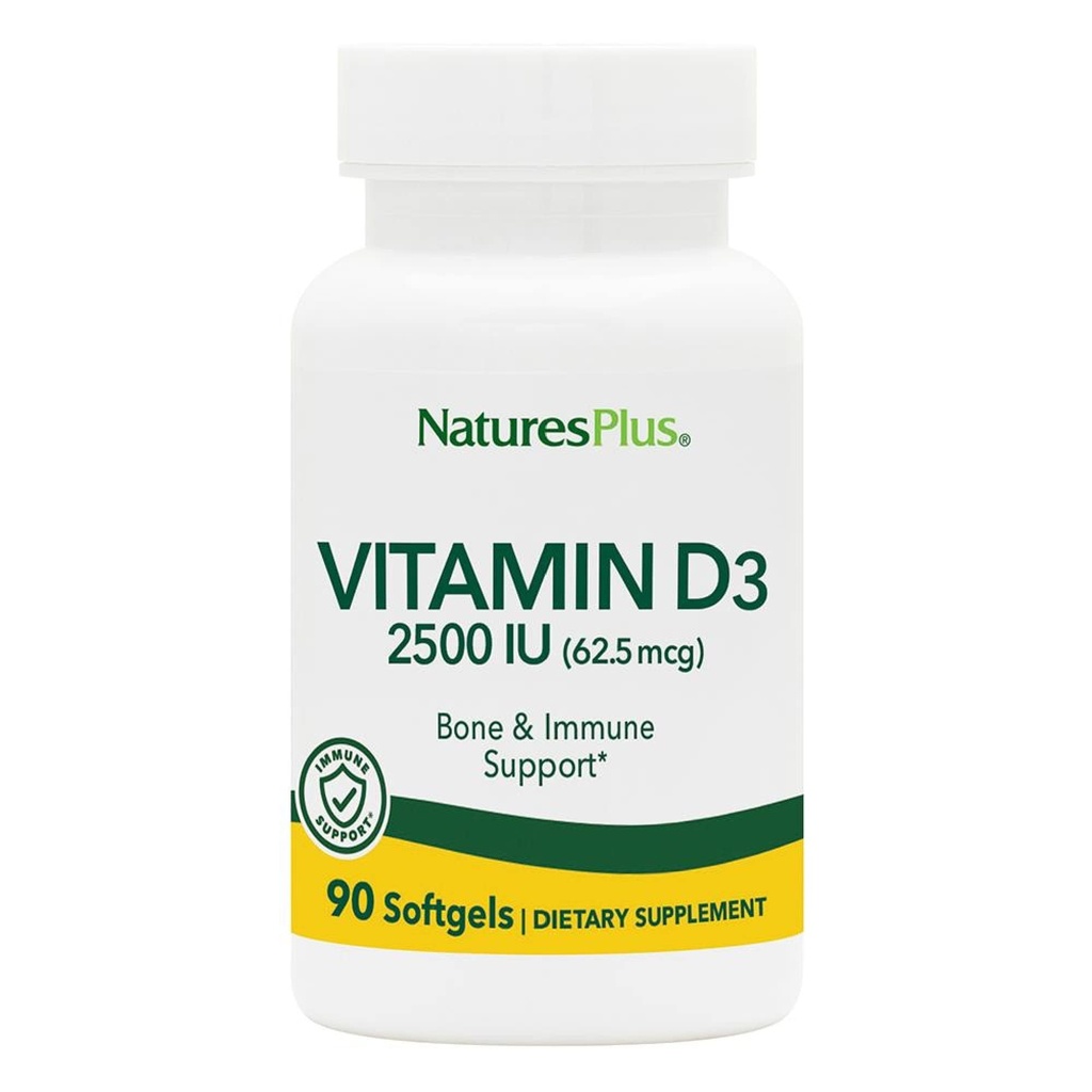 NaturesPlus 维生素D3(Cholecalciferol) - 2500iu, 90 Softgels - Bone Health, Heart Health & Immune System Support Supports, Bioblicable Active Form - 胶片无胶片 - 90 services