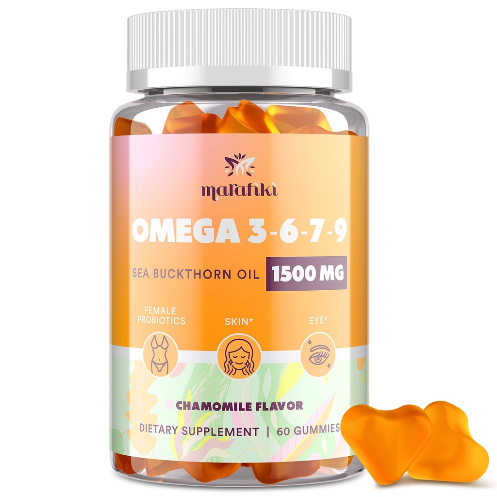 Omega 3 6 7 9 Gummys for Women - Omega 3 配有海贝特霍恩石油,法兰士籽油,维生素E,A & Probiotics - 皮肤,眼部和干燥,香摩利火焰 - 60 Gummys