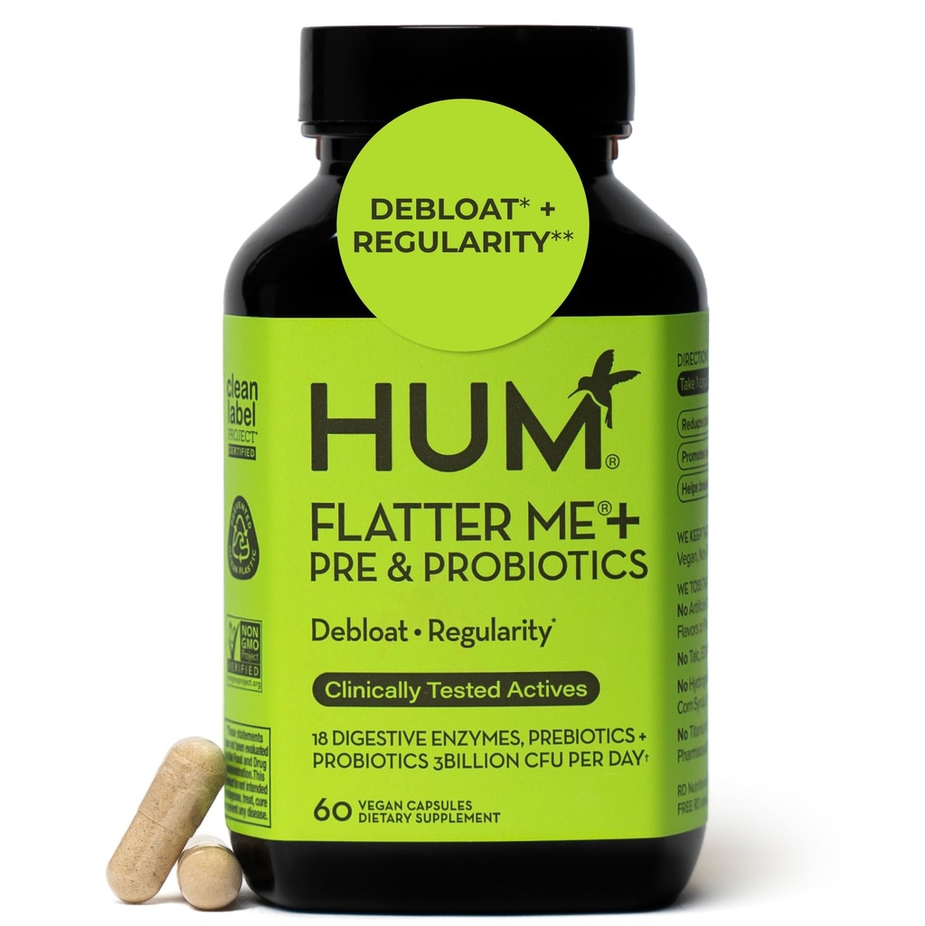HUM Flatter Me 消化酶 Plus Prebiotics & Probiotics, 消化健康 女性和男性的增殖健康 快速代理抗Bloat Pills 多酶 Debloating, Vegan, 60 Capsules