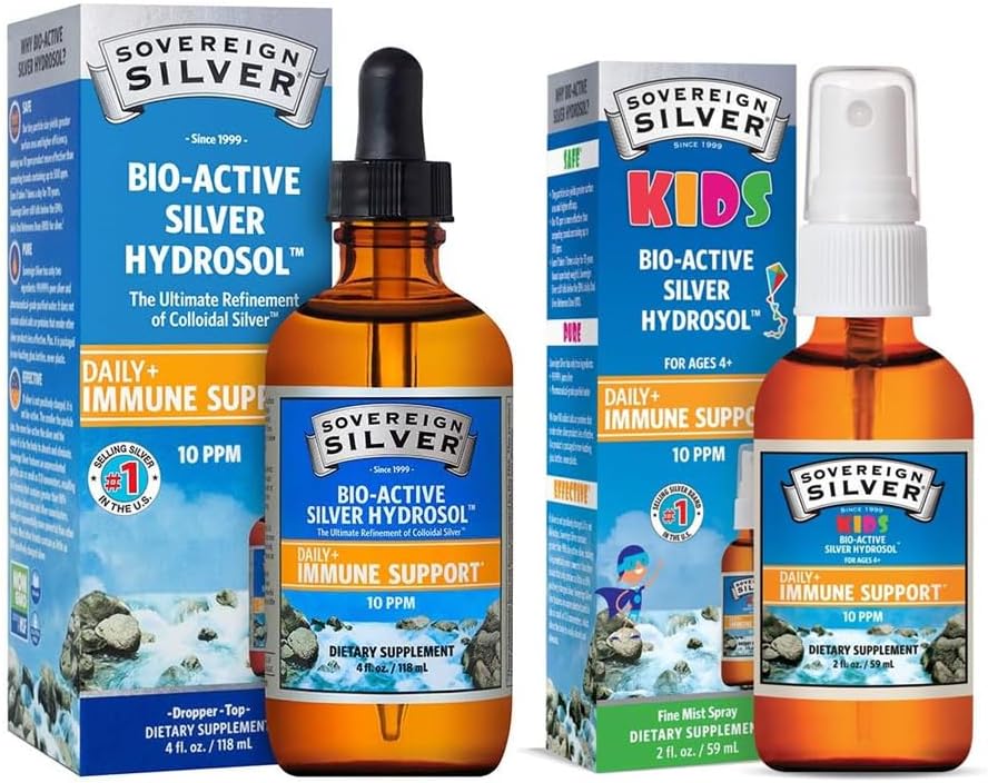 主权银 生物活性银水溶液家族 Bundle – 生物活性银水溶液用于免疫支持 – Dropper, 4 oz + Kids 生物活性银水溶液用于免疫支持 – Fine Mist, 2 oz