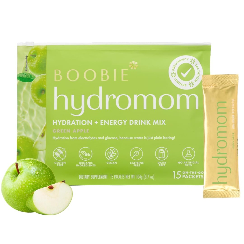 Boobie Hydromom 超级食品 饮用电解液 混合饮料 绿色苹果 QQ为妈妈刷新能量和水分助推器 15个包装包 怀孕、哺乳期及以后的旅游必需品