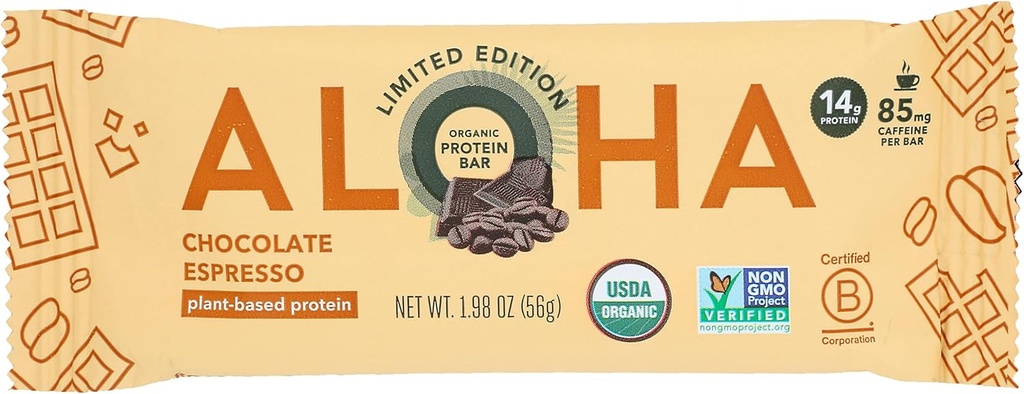 Aloha有机巧克力 Espresso蛋白条,14g植物蛋白,85mg咖啡因,USDA认证有机物,Gluten Free & Non-GMO,1.98 Oz(12包)