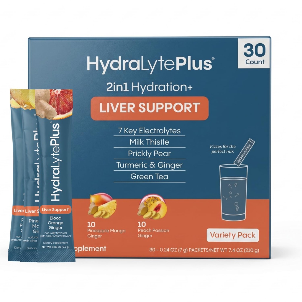 Hydryte Liver 支持 + 电解质混合 与 Milk Thetle, Turmeric, Ginger, Prickly Pear, 绿色 茶叶提取 用于快速还水(Variety Flavor, 30 Packets)