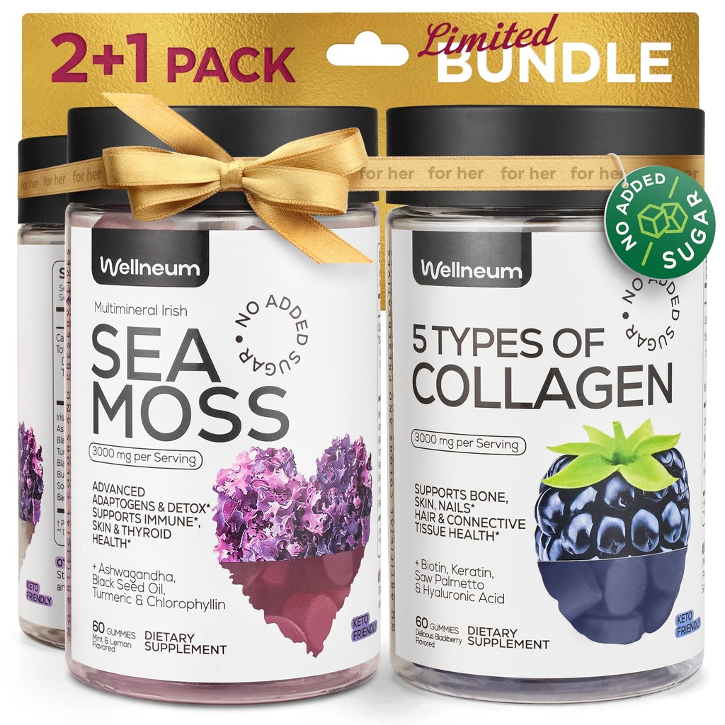 Collagen and Sea Moss Gummys Bundle - Collagen Peptides,爱尔兰海 Moss, Biotin, Keratin, Bladderwrack - Gummy 豁免、解毒、健康头发、皮肤和钉子补充剂 - 男女