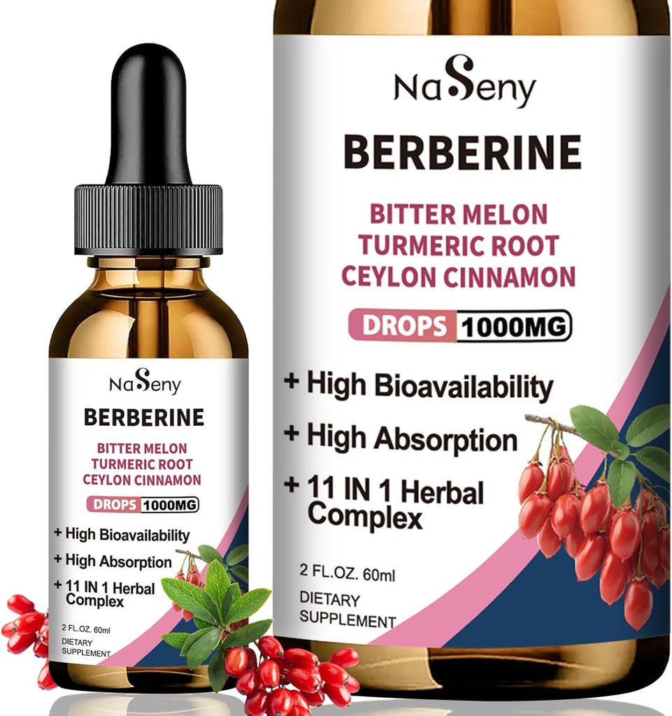 Berberine Liquid Drops-Berberine HCL Drops with Ceylon Cinnamon, Bitter Melon, Turmeric, Liquid Herbal 草药提取补充 Imune 和 文摘健康(60mL)