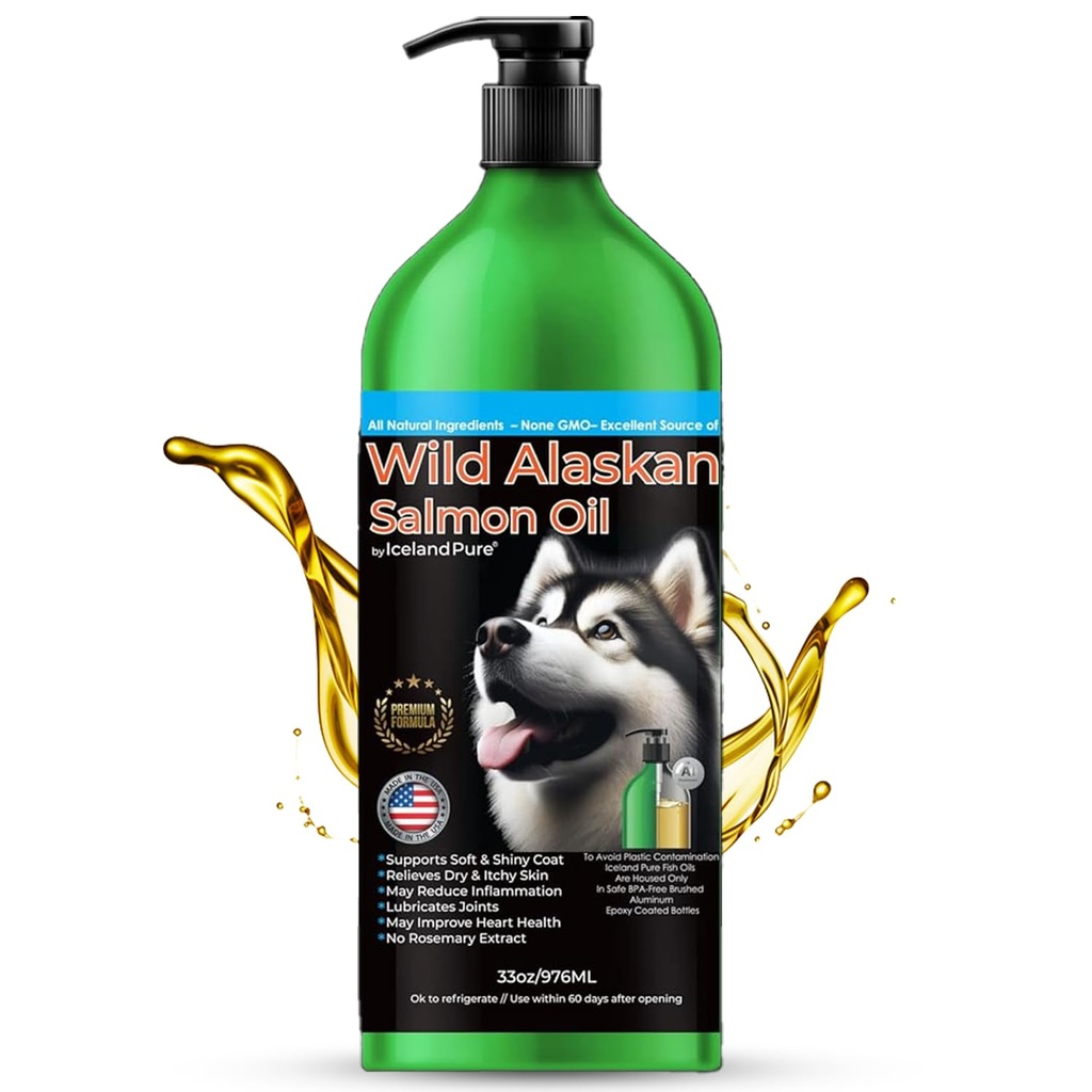 冰岛纯野生阿拉斯加沙门油用于养狗和猫,Omega-3鱼油,宠物液体补充,支持免疫系统和心脏健康,33oz