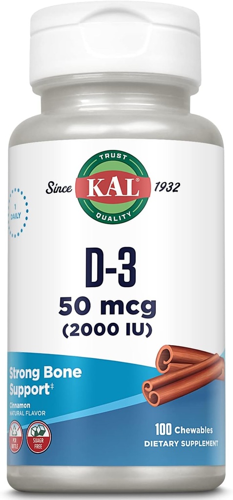 KAL 维生素 D3 胆汁 50 mcg,维生素 D 2000 IU 作为胆固醇,无糖,天然肉桂Flavor D3 维生素,免疫支持和骨质健康,100 服务,100 Chewables