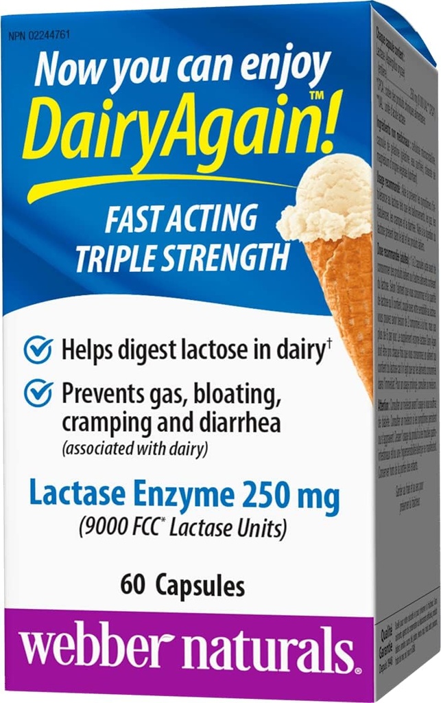 Webber Naturals Dairy Again 250mg 乳糖酶 三重强度,60卡普尔