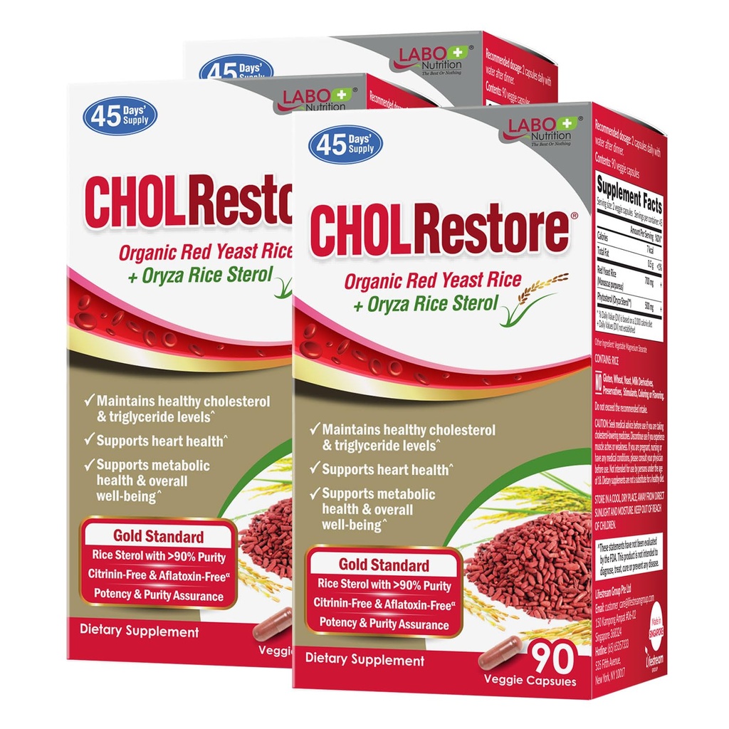 LABO 营养 CHOLRestore – 红酵母水稻配激素健康补充剂,支持健康胆固醇水平,Citrinin & Aflatoxin Free, 90 Vege Capsules 3x3