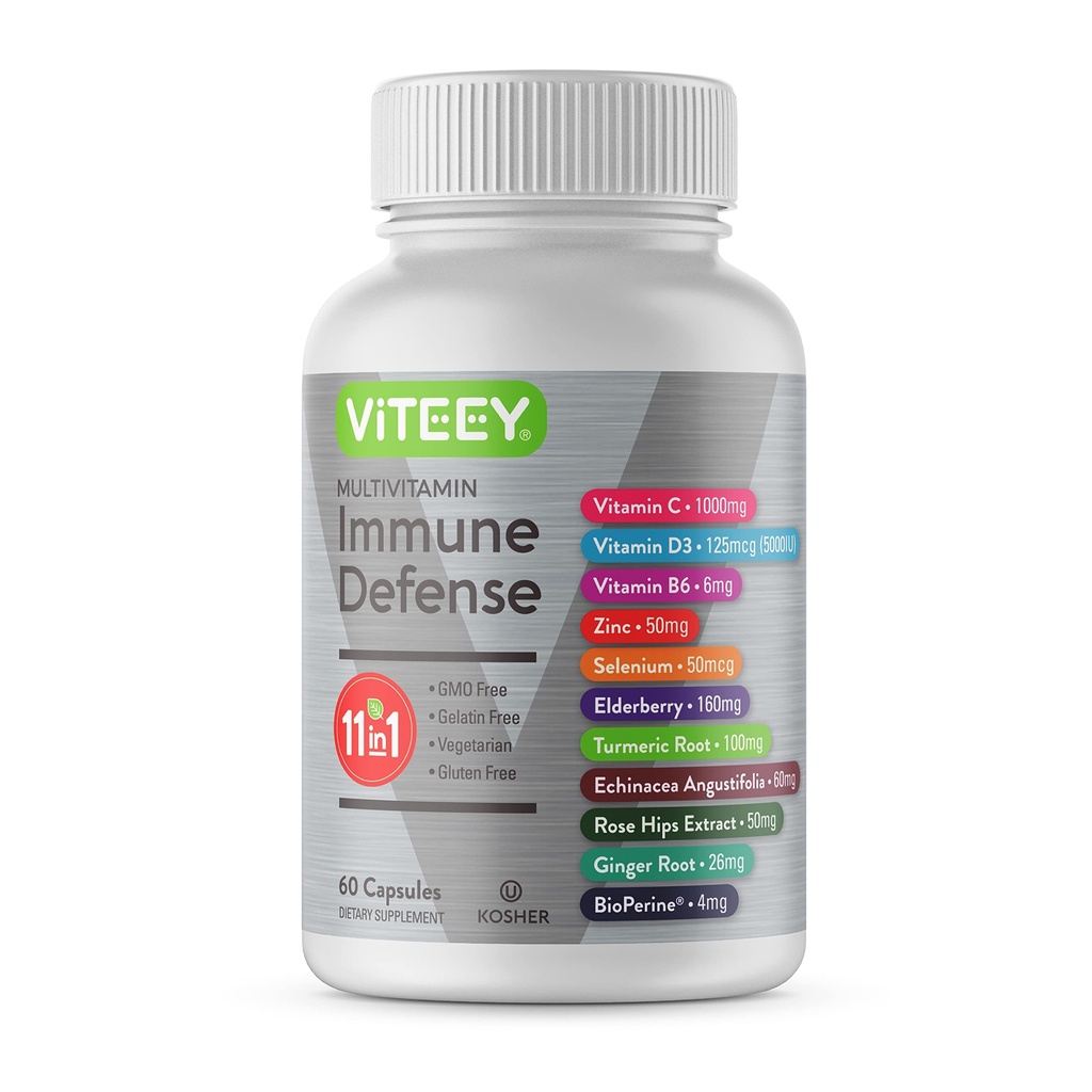 Viteey 11 in 1 Imune Support Suppless - 含有维生素D3, B6, Echinacea, Turmeric, Rose-HIPS, Selenium, BioPerine, Ginger, 草莓维生素C和锌的免疫防御 - 60 Counter