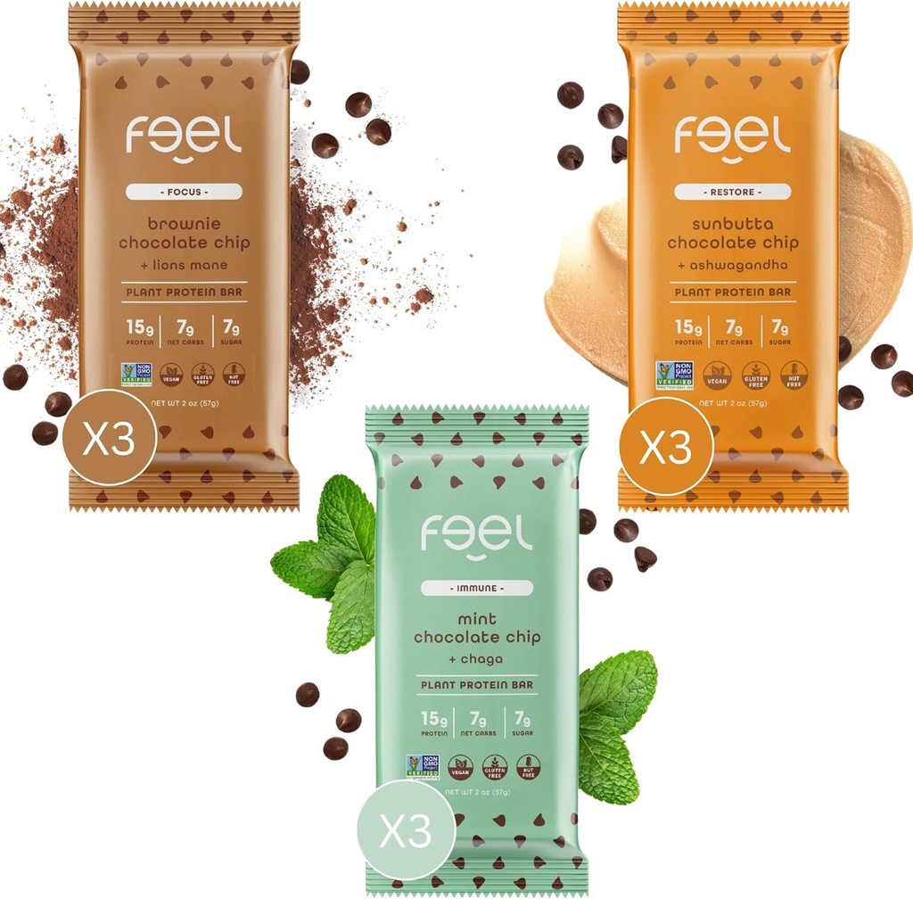 感受Vegan蛋白棒 巧克力爱人 Keto Gluten Free 有机体 狮子 Mane Chaga | Ashwagandha | Ashwagandha | Ashwagandha  15 15g 蛋白糖 | 糖 |  Low 非 GMO | Sunbutta + Brownie + Mint - 9 pack