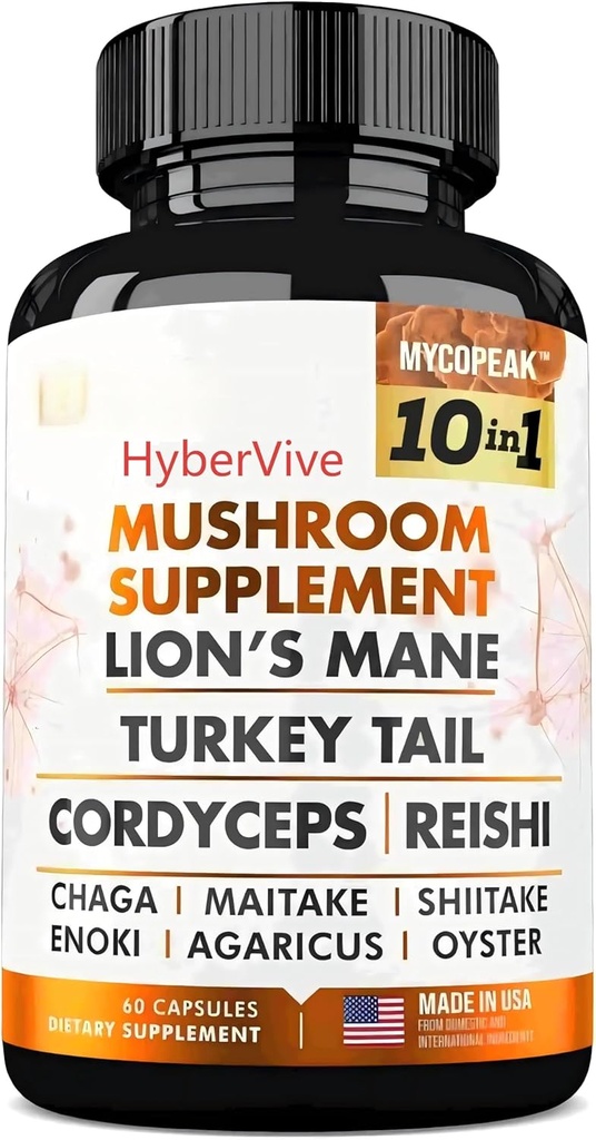 蘑菇增殖10x复合剂 - Lions Mane, Turkey Tail, Cordyceps, Reishi, Chaga, Maitake, Shiitake, Oyster 抽取蘑菇 - 记忆和焦点的新热带脑支持增殖剂