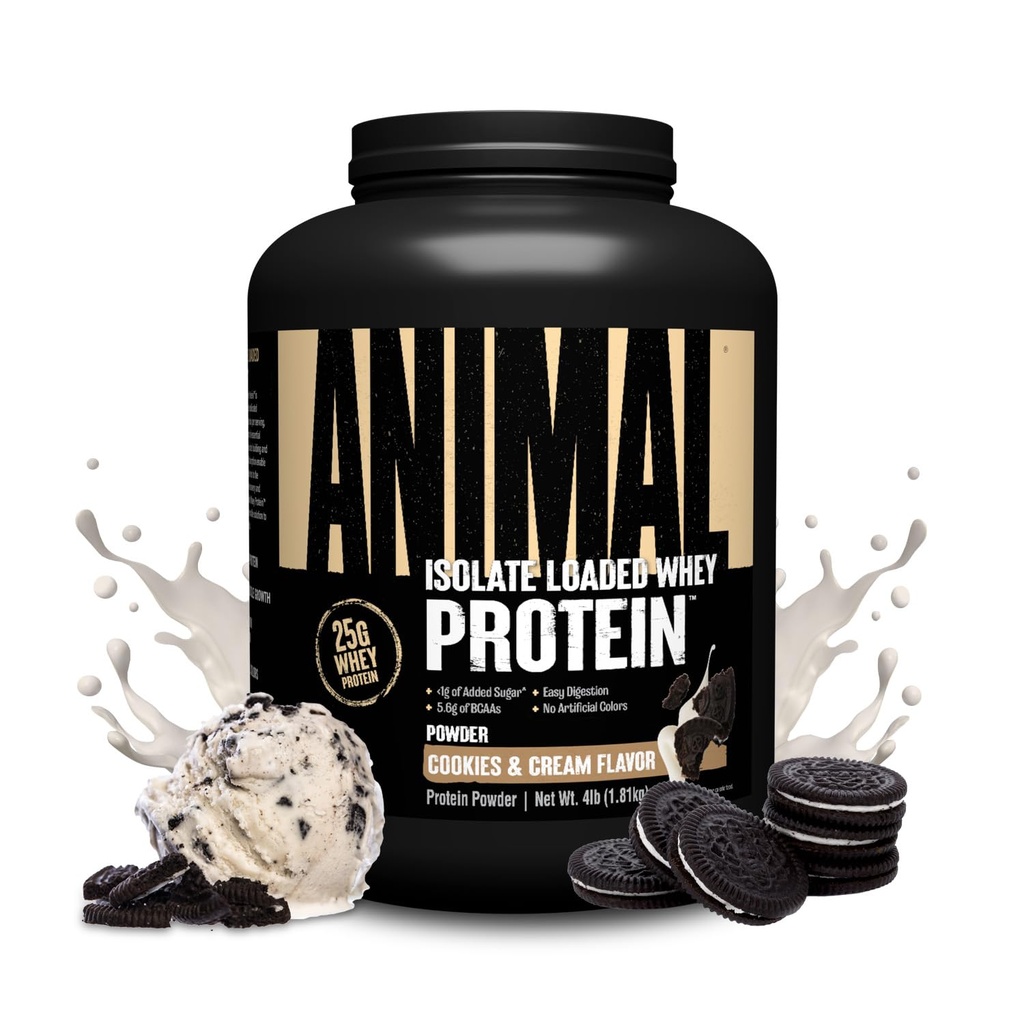 动物Whey 隔离蛋白粉 - 装入用于前和后工作肌构型和为男女消化酶进行恢复 - 25g 蛋白质,大味,低糖 - 饼干和奶油 4 lbs