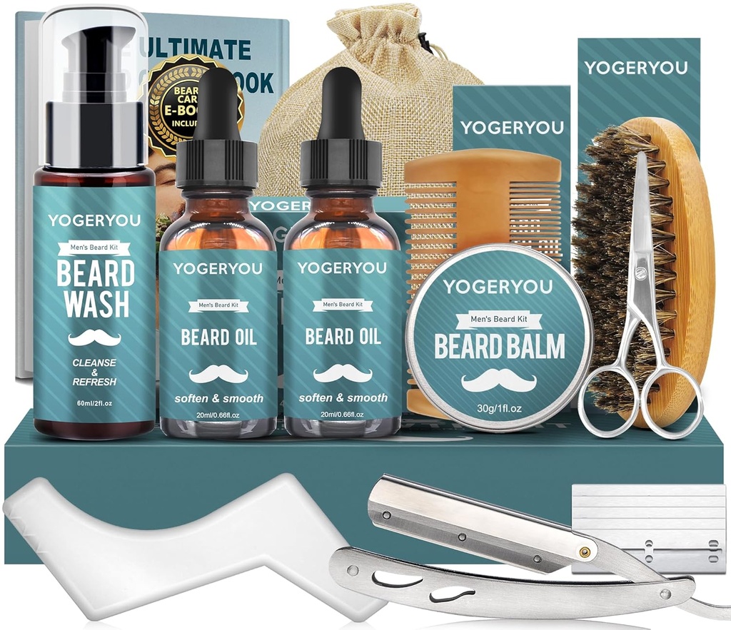 胡子 Kit,Beard Grooming Kit for Men W/Straight Razor 2, PACK 胡子油, 洗涤, 秃头, 刷子, Comb, 剪刀 男人的生日礼物 男朋友 胡子 剪刀 剃刀 Kit