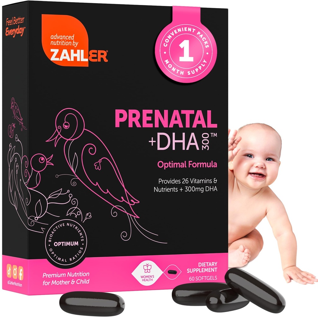 Zahler 产前维生素与DHA & Folate - DHA 补充和产前多维生素对母亲和孩子的影响 - Kosher 产前DHA 产前维生素与铁,纳塔尔前软胶 60 Counter
