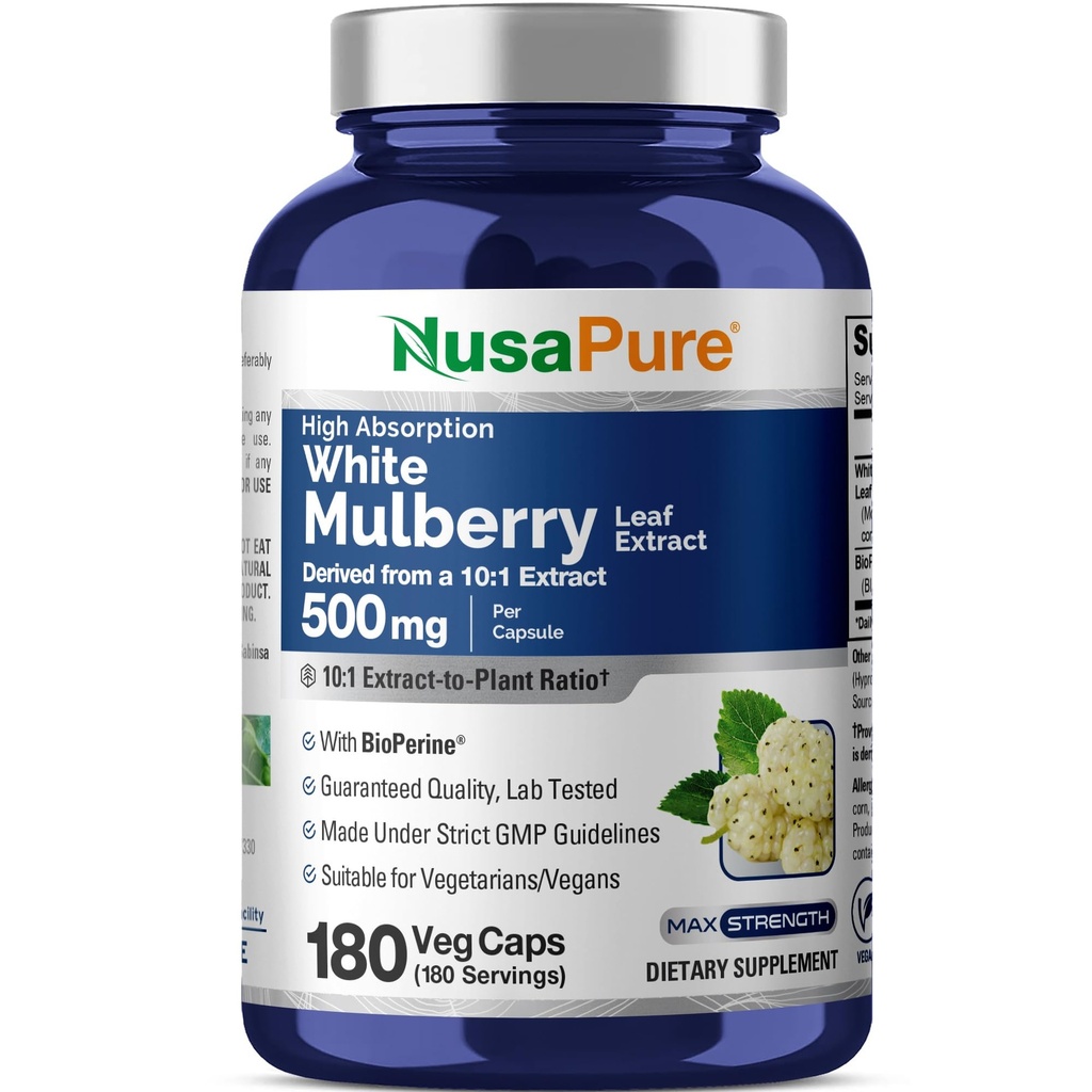 NusaPure White Mulberry Leaf 摘录 10:1 摘录,500 mg 等效于 5000 mg 180 Veg Caps (Vegan,非转基因生物)