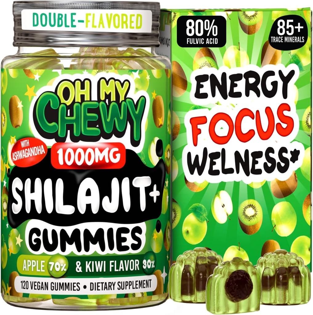 纯喜马拉雅省Shilajit Gummys - 高潜力黄金等级Resin - Ashwagandha和Shatavari对男女的能源促进和免疫支持 - 120 Gummy - Apple & Kiwi