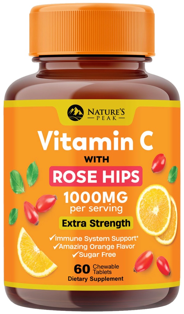 维生素C 1000mg 肉食补充剂 - 外力免疫支持 维生素C 饮食补充剂 玫瑰 HIPS 自然维生素C 抗氧化剂支持剂 Natural, Vegan, Orange Flavor - 60片