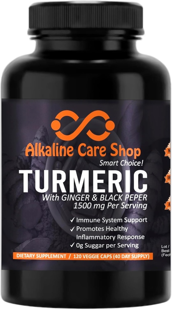 Alkaline Care QQTurmeric Curcumin Supplement 1500mg 与有机涡轮、姜和黑辣椒进行最佳吸收 QQN-GMO 联合与健康炎症反应支持(120 Veggie Capsules)