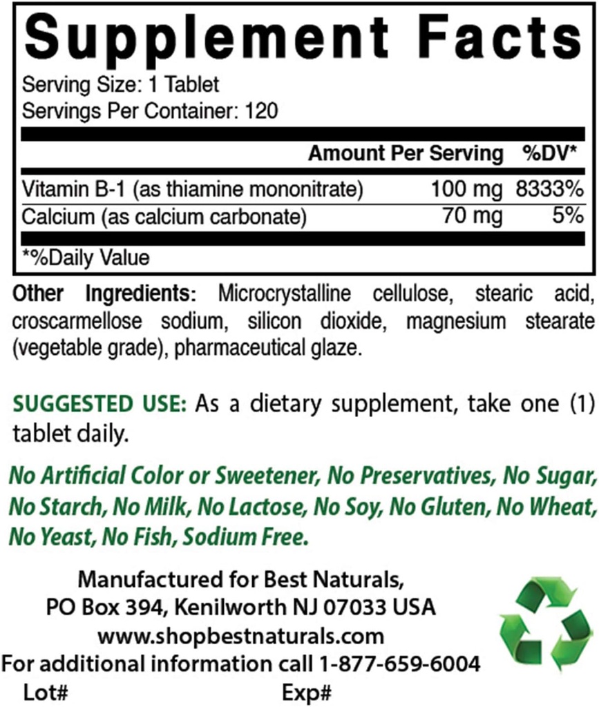 最佳天然维生素B1作为Thiamine Mononitriate 100毫克和维生素B-6 25毫克