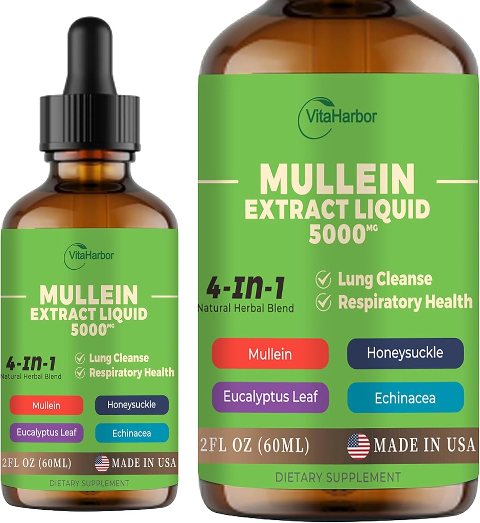 4-in-1 Mullein Drops for Lungs,有机Mullein Leaf & Honeysuckle & Eucalyptus Leaf & Echinacea 提取物,用于肺清洁剂,免疫和呼吸支持,无糖 QQ 非GMO | Vegan, 2 Fl oz