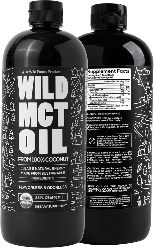 野生MCT油有机椰子 — 32 fl oz — 来自100%的天然椰子 — Flavorless & Odorless C10/C8 MCT 石油换能源与认知支持 — Keto- Friendly — 完美咖啡、摇摆和食谱