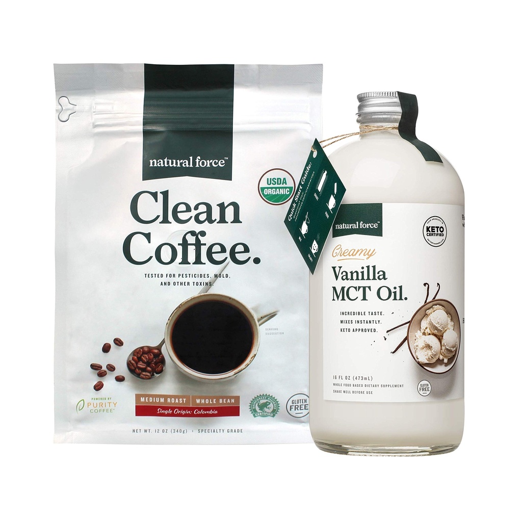 天然力 有机清洁咖啡 + Creamy Vanilla MCT Oil Bundle – Flawared MCT Creamer & Mold & Mycotoxin 自由咖啡 – Non-GMO, Keto, Paleo,和 Vegan – 12 Oz Bag 和 16 Oz Glass瓶