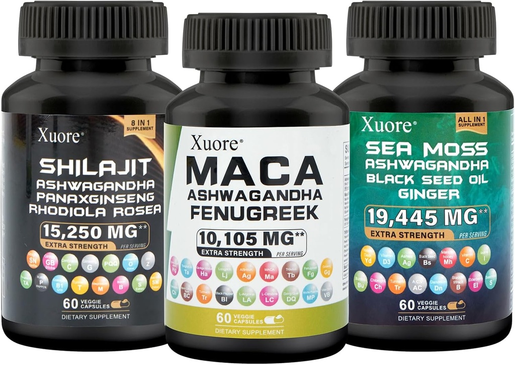 Sea Moss、Shilajit、Maca、黑籽油、Ashwagandha、Ginger、Shilajit、Rhodiola Rosea、Panax Ginseng、Maca Root、Fenugreek、Trifibranol100X, 全部为1个补编(1包)