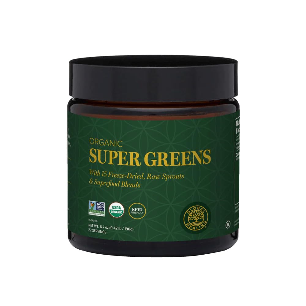 Global Healing Organic Super Greens Powder Blend - Greens Superfood Powder with 15 Raw Whole Sprouts - Delicious Green Juice Smoothie Mix for Daily Nutrition - Non-GMO, Gluten-Free Greens Supplements