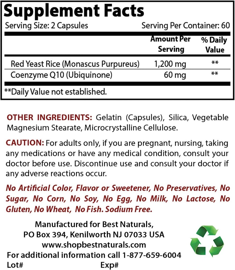 配有CoQ10和Niacin500毫克的红酵母大米