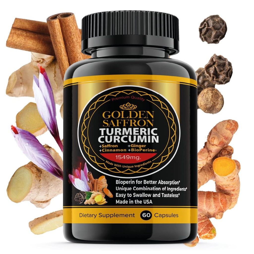 GOLDEN SAFRON Turmeric Curcumin 配有 Bioperine, Saffron, Cinnamon 和 Ginger - 高概率,非GMO, Gluten-Free Suppl for a Betration. 美国制造