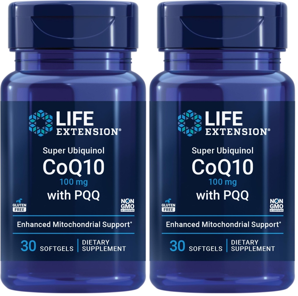 生命延长 Super Ubiquinol CoQ10 配有 PQQ, CoQ10, PQQ, shilajit, 心脏健康, 细胞能量支持, 8X 更好的吸收, Gluten-Free, 100 mg, 30 软胶(Pack of 2)