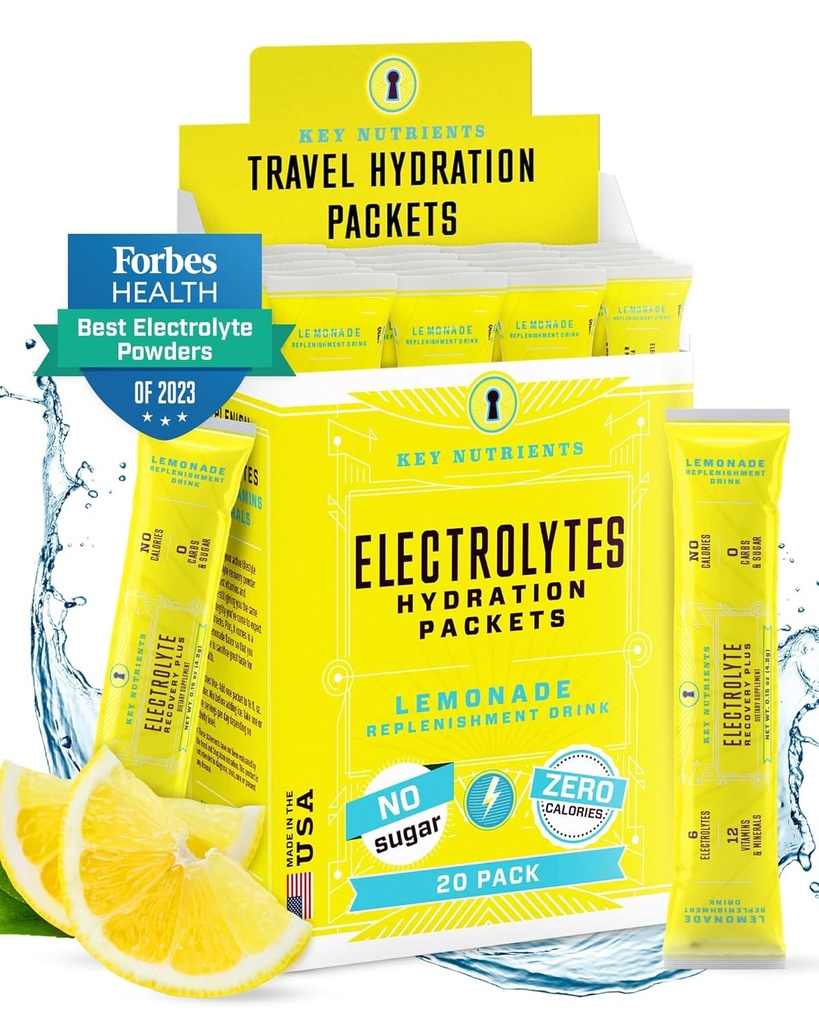 关键Nutrients 电解质粉末包 - 刷新柠檬酸20 Pack 水解质包 - 旅行水解质粉末 - 无糖,无卡路里,无葡萄糖 - 美国制造