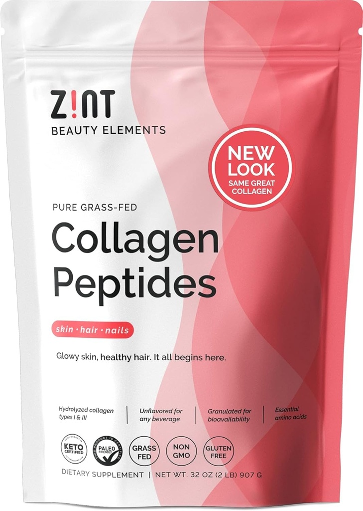 Zint Collagen Peptides Powder (32 oz):Paleo-Friendly, Keto-Cerized, Grass-Fed 水解Collagen蛋白补充剂 - 不香,非转基因生物