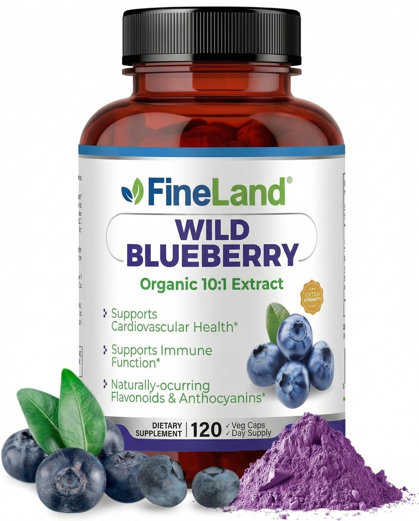 FineLand Wild Blueberry 10:1 提取,6,000 mg 强度,120 Vegan Capsules,富含Flavonoids & Anthocyanins,抗氧化剂支持大脑和心脏健康,4-Month供应,非GMO在美国制造