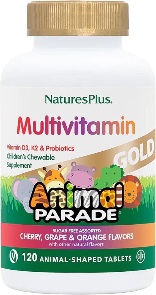 NaturesPlus 动物游行金童多维特敏 - 各种樱桃,橙和葡萄火焰 - 120 动物形状的可切片,包 3 - Vegan, Gluten Free - 180 总服务