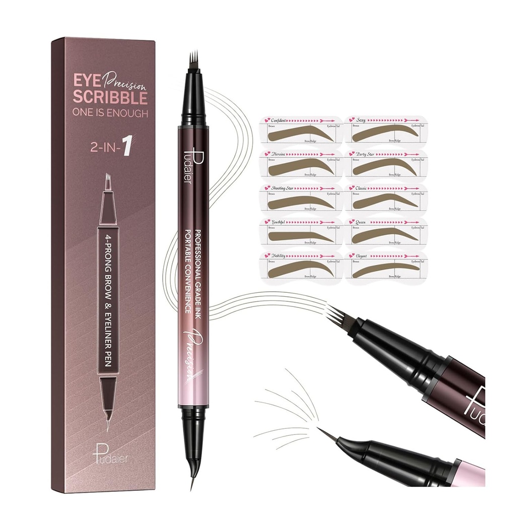 Pudaier 2- in-1 曲线眉笔 & Eyeliner 带有 10Pcs 眉笔Stencils, 微宽眉笔, 防水和长长延时, 扭矩