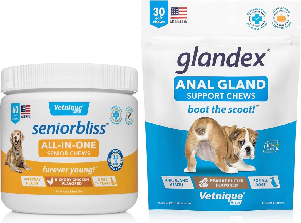 VETNIQUE 老年狗全能多维特敏 Chews for 老年狗全能(60ct) & Glandex Anal Gland 支持花生酸奶软嚼(30ct) Bundle
